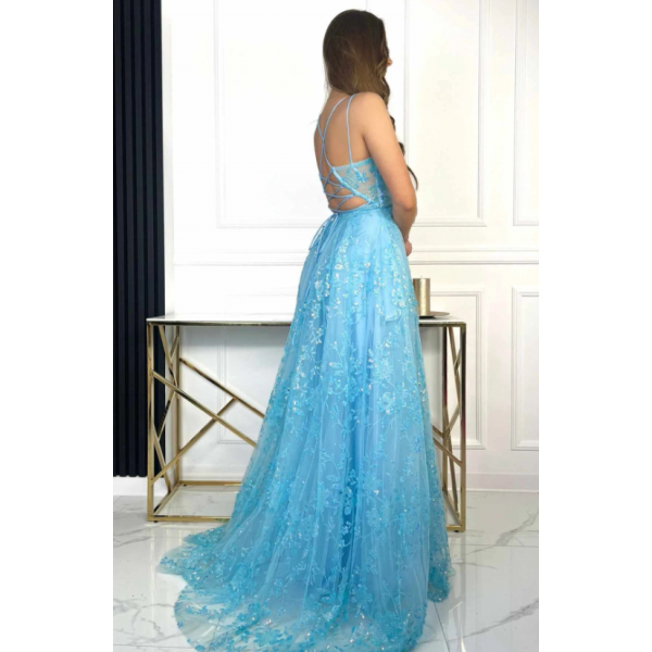 SVEČANA DOLGA MODRA OBLEKA IZ TILA